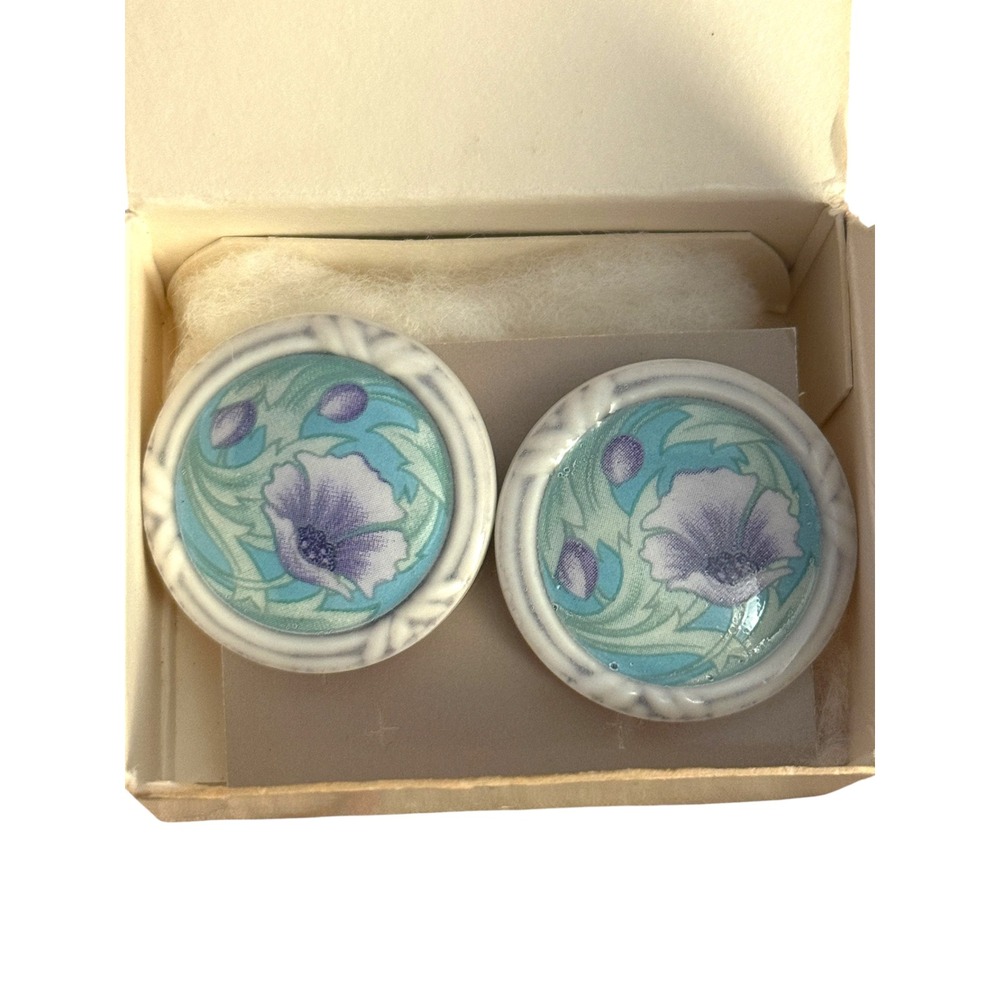 Vintage 1992 Avon Purple Floral Teal Ceramic Style Round Button Stud Earrings
